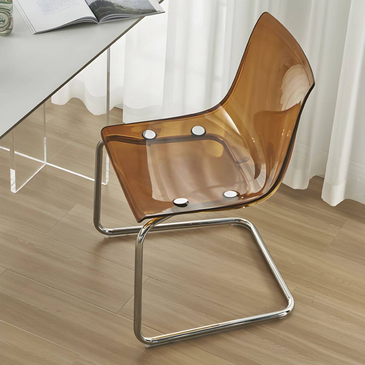 Scandinavian style low back side chair made of plastic and acrylic, ideal for kitchen and dining areas