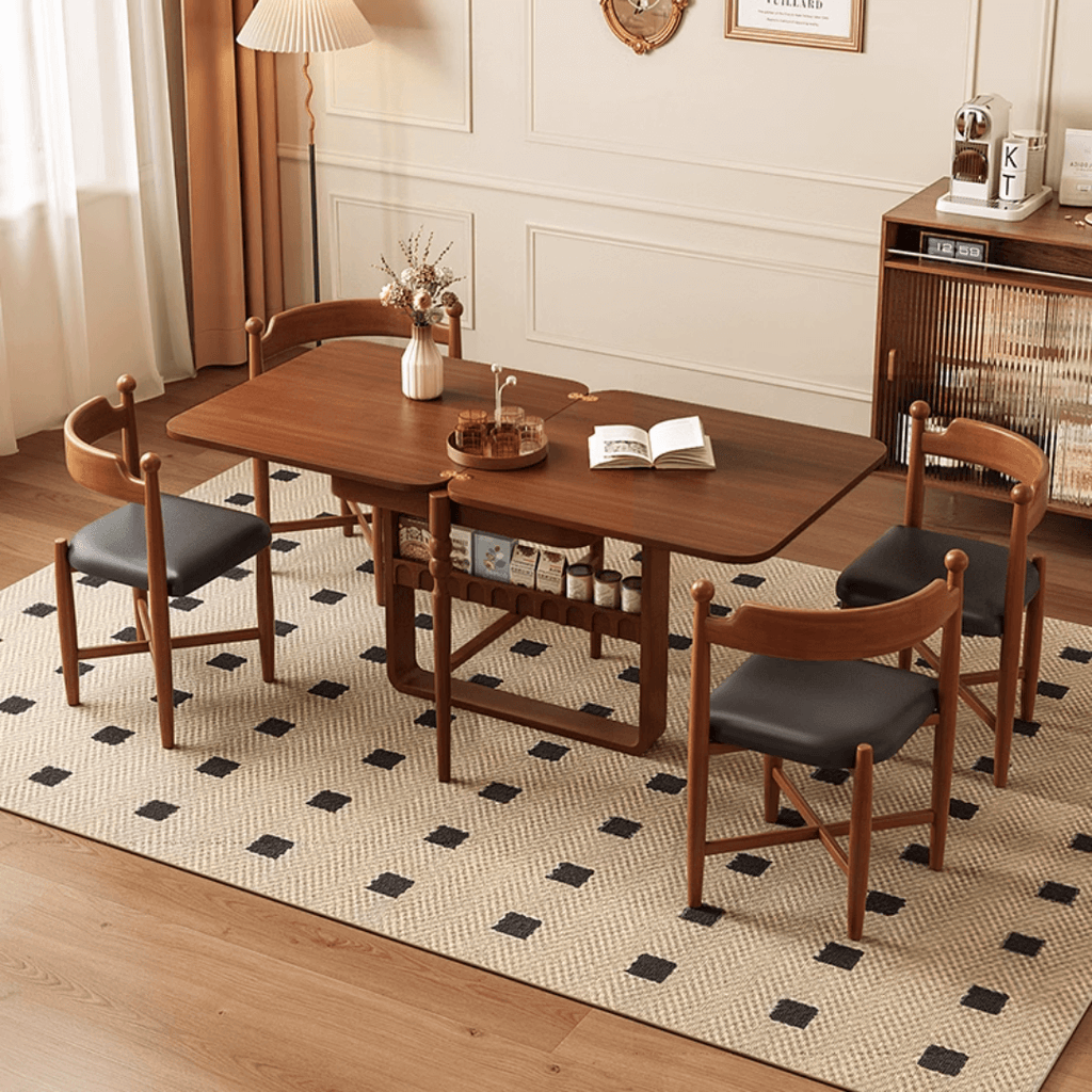 Scandinavian-inspired folding dining table with ample storage for stylish, space-saving home decor