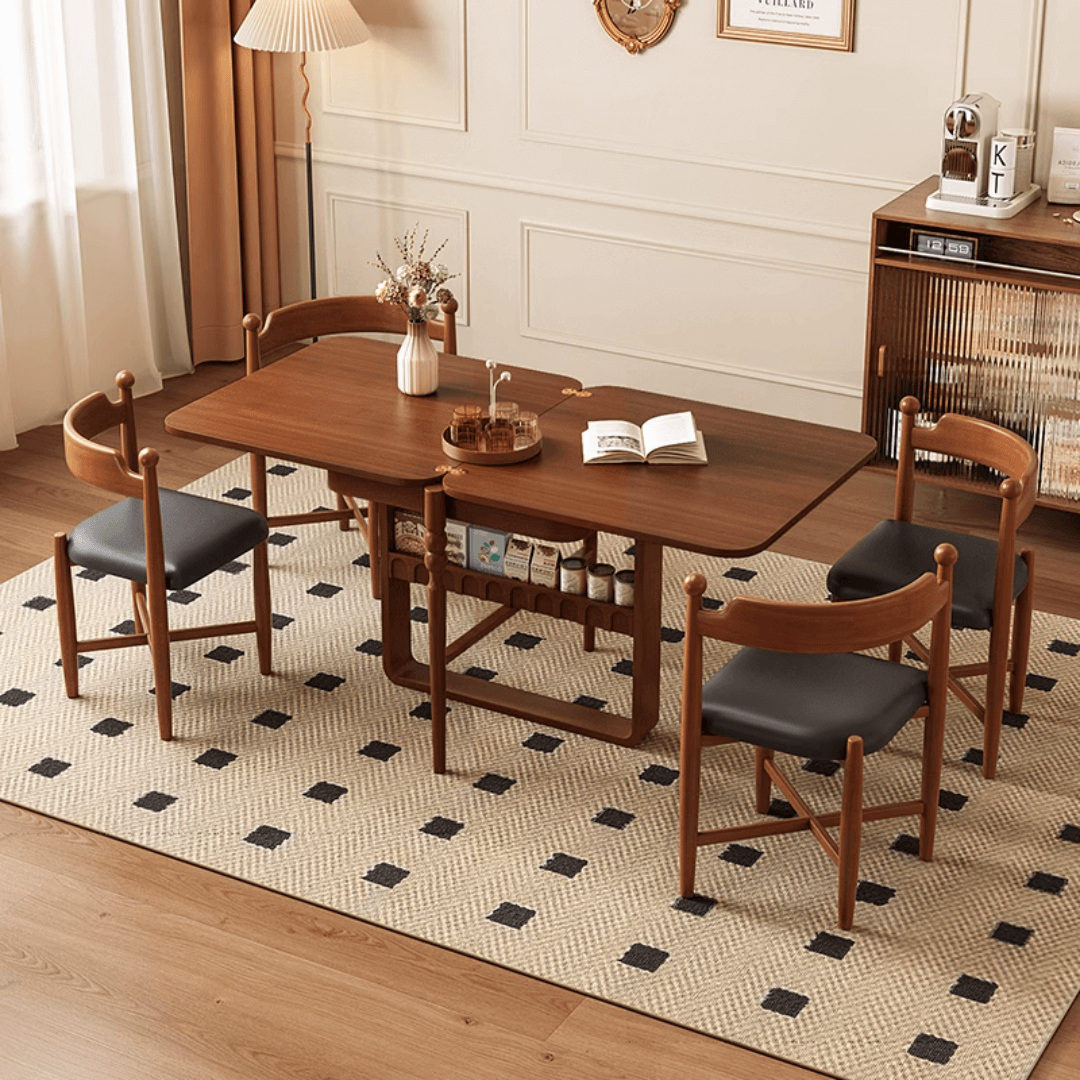 Scandinavian-inspired folding dining table with ample storage for stylish, space-saving home decor