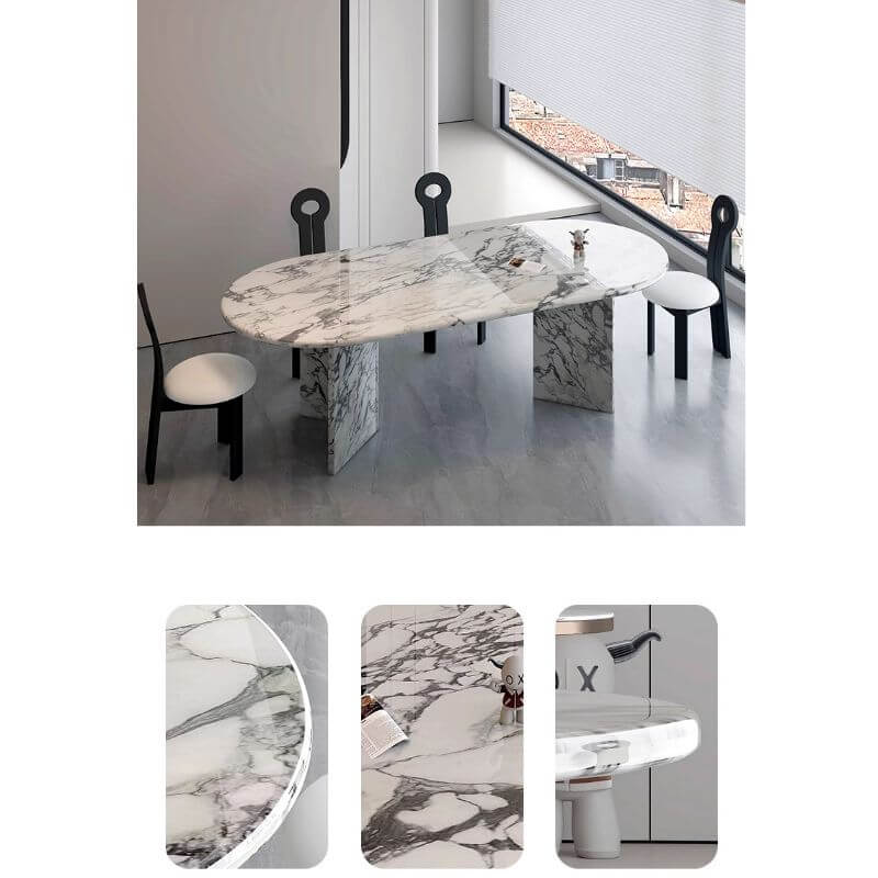 Oval dining table with white marble top and fixed base, perfect for contemporary dining rooms