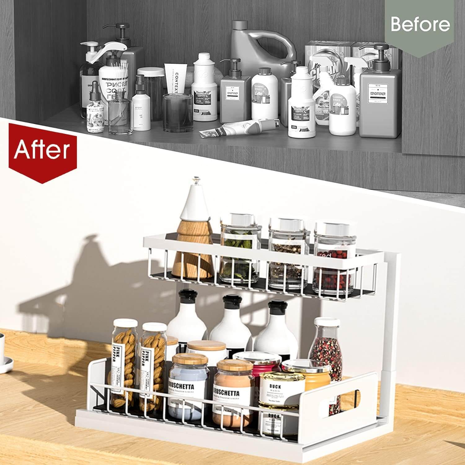 2-pack 2-tier sliding under sink organizers with hooks for bathroom and kitchen storage