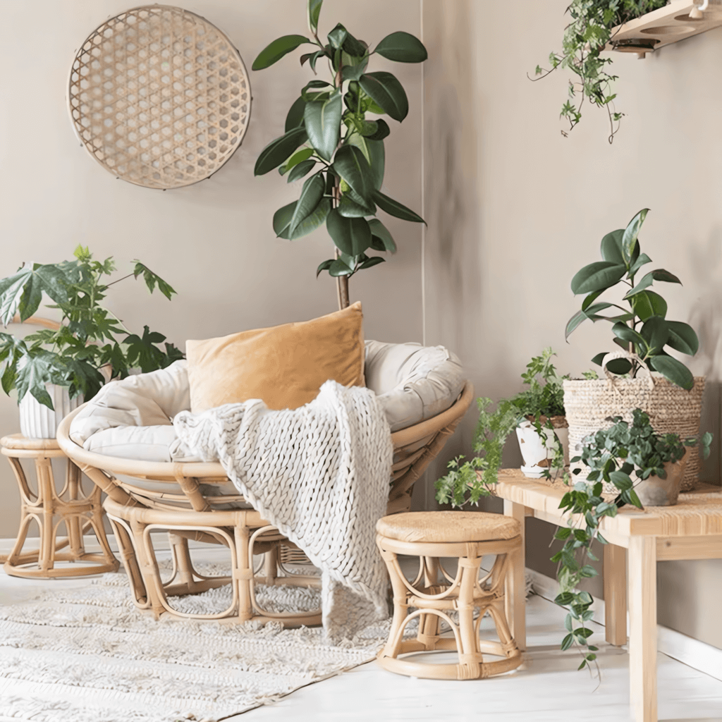 Cozy natural rattan papasan chair available in single or double size for comfortable lounging