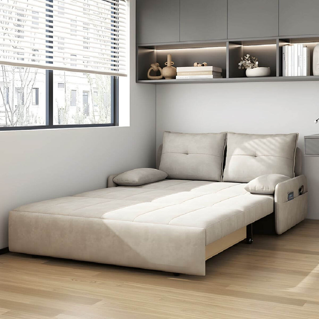 White polyester blend sleeper sofa with metal frame and casters, modern futon for versatile seating