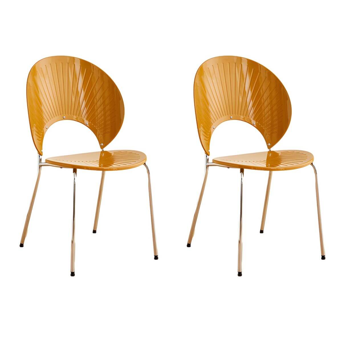 Stackable Scandinavian style dining chair with plastic seat, acrylic back, and silver legs