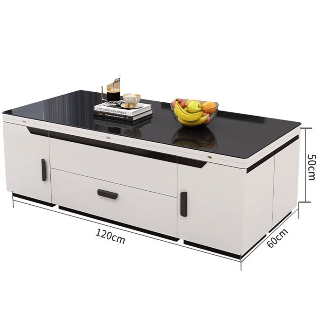 White lift-top coffee table with storage and stools, perfect for compact living spaces