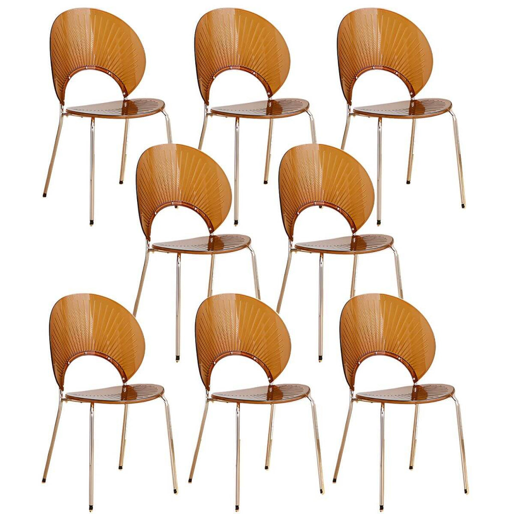 Stackable acrylic dining chair with open back and metal legs, armless design for modern dining rooms