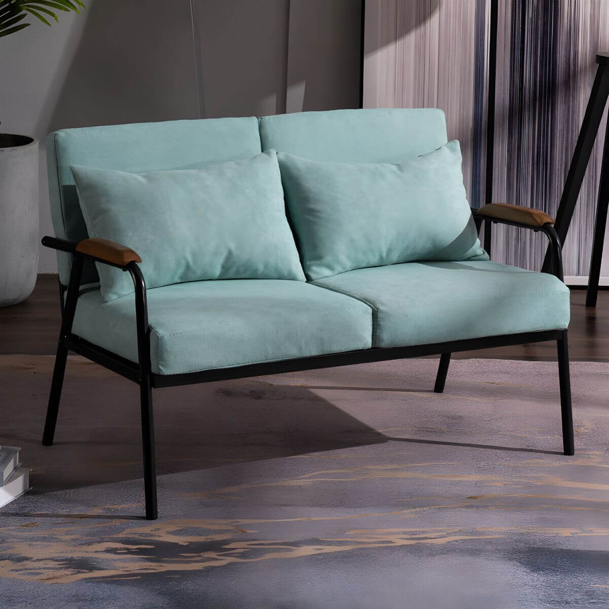 Mid century modern 2-seater sofa with black metal frame and solid wood arms