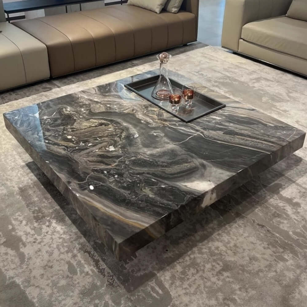 Square coffee table with luxury marbled top and sturdy metal legs