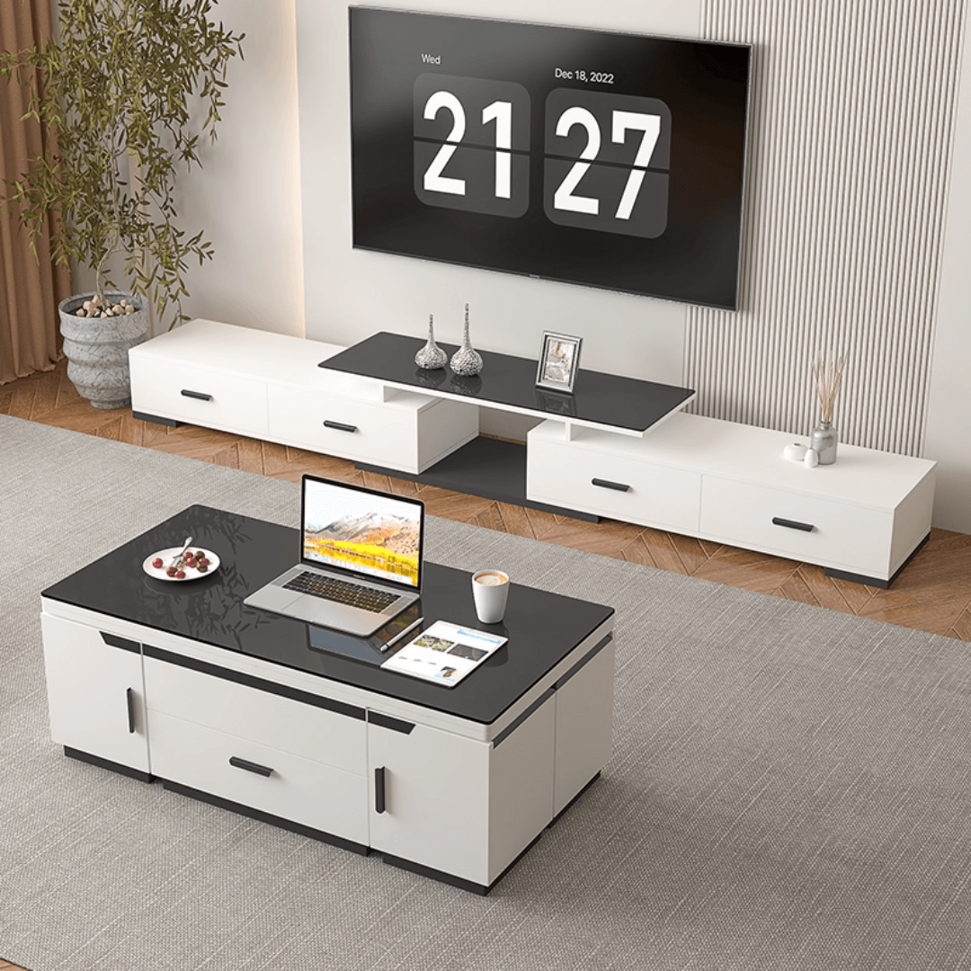 White lift-top coffee table with storage and stools, perfect for compact living spaces