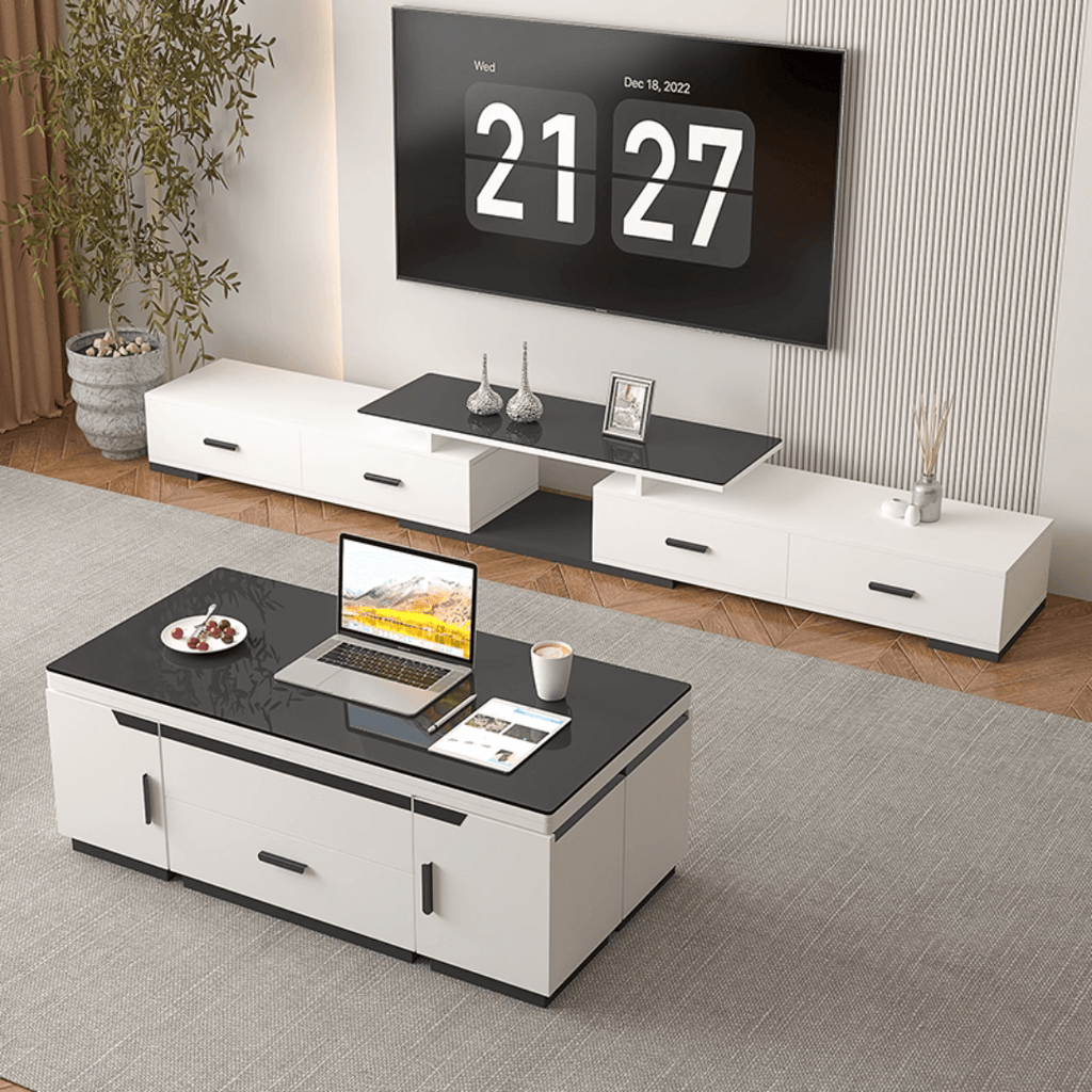 White lift-top coffee table with storage and stools, perfect for compact living spaces