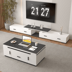 White lift-top coffee table with storage and stools, perfect for compact living spaces