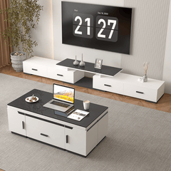 Modern White Lift-Top Coffee Table with Storage & Stools for Compact Living Spaces