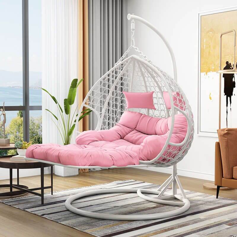 Magenta and sepia porch swing egg chair with alloy stand, chain, cushions, and 2-person seating