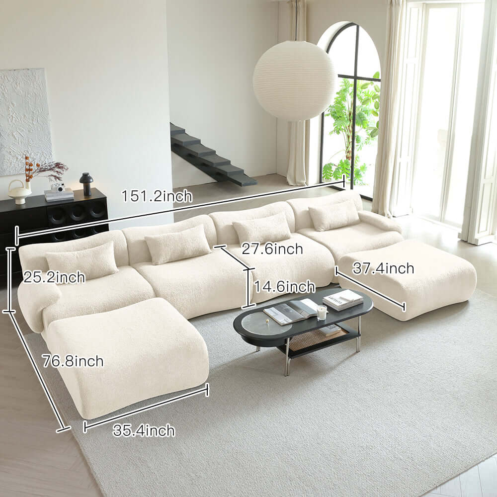 Modern sectional sofa upholstered in soft teddy velvet fabric with modular design