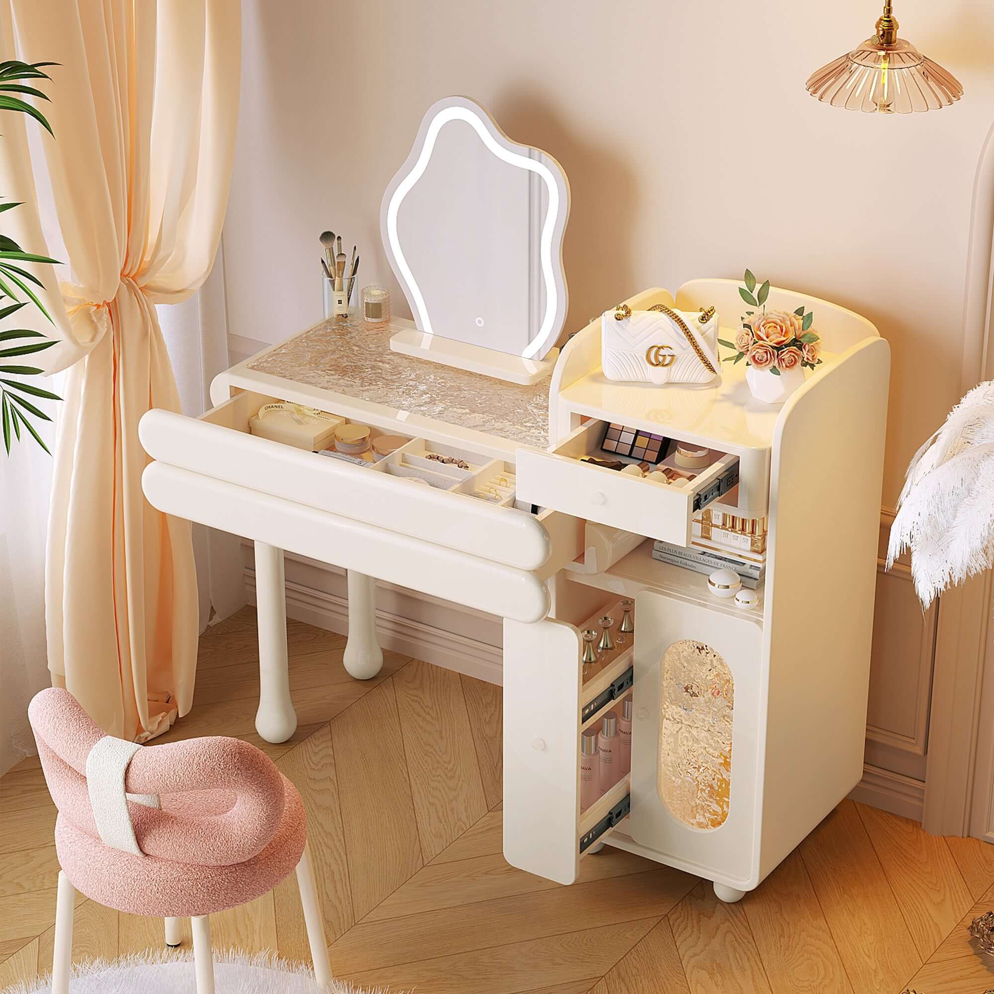 White modern stretchable makeup vanity dressing table with sleek design