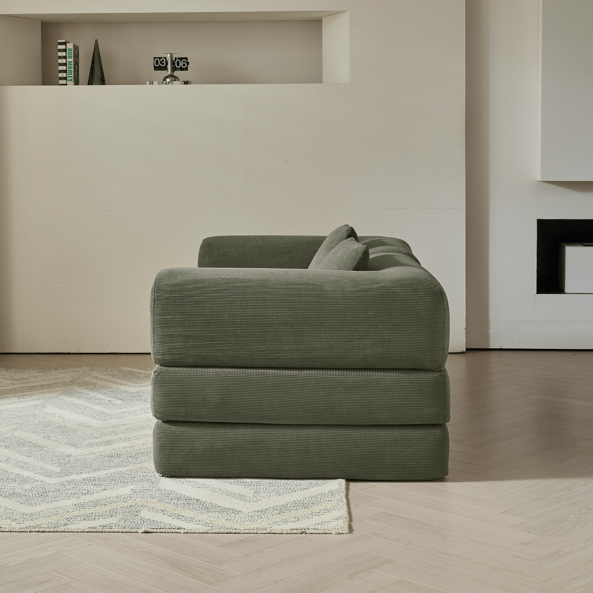 Convertible sofa bed upholstered with soft corduroy fabric, measuring 78.7 inches