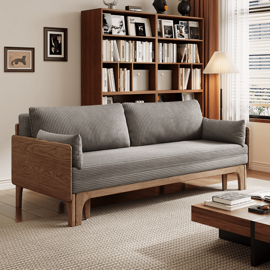 Stilvolles graues Kordsofa-Bett mit langlebigem Eschenholzrahmen – Vielseitiges klappbares Design für kleine Räume