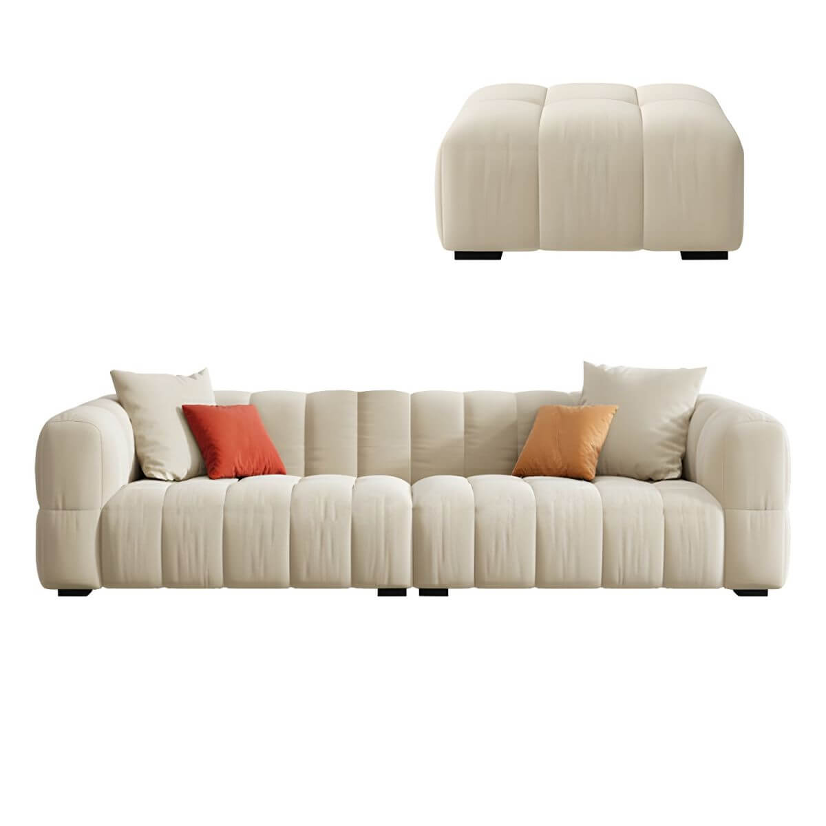 Beige upholstered wood sofa with square arms and sewn pillow back for modern living rooms