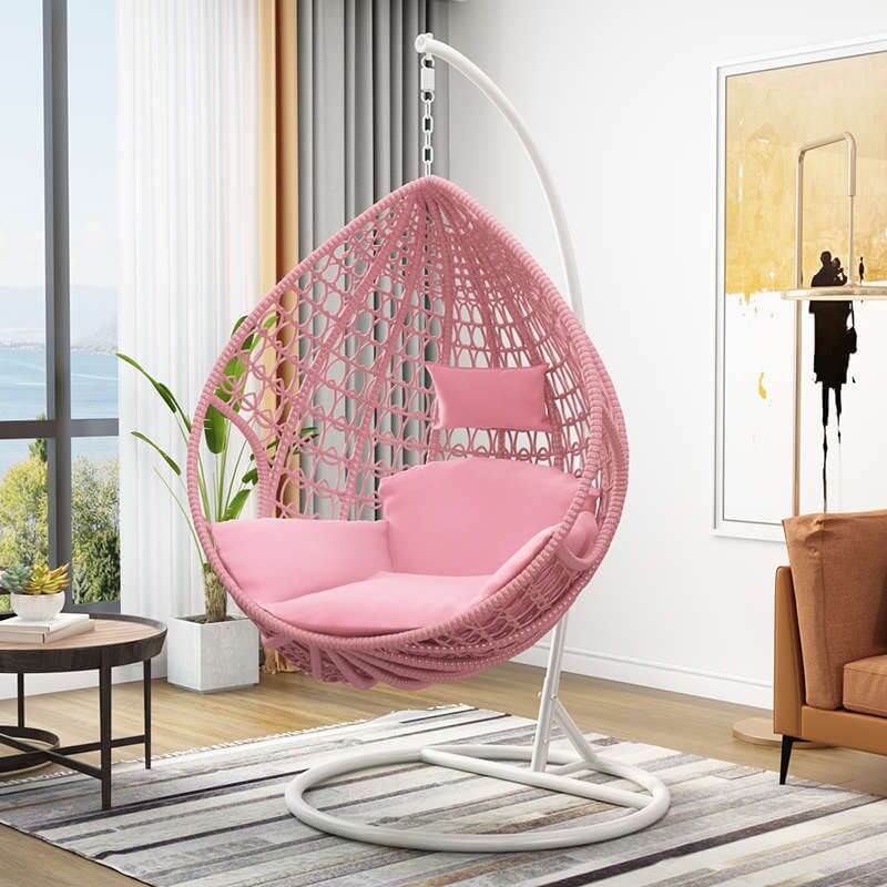 Magenta and sepia porch swing egg chair with alloy stand, chain, cushions, and 2-person seating