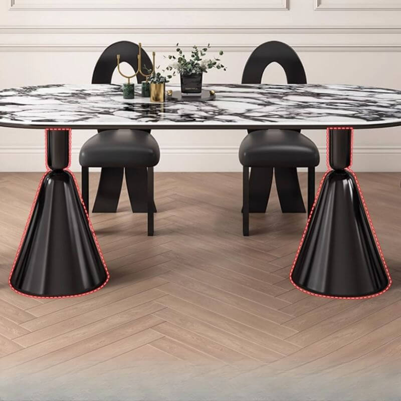 Oval marble dining table set with dual footing, solid back panel, and cushioned chairs