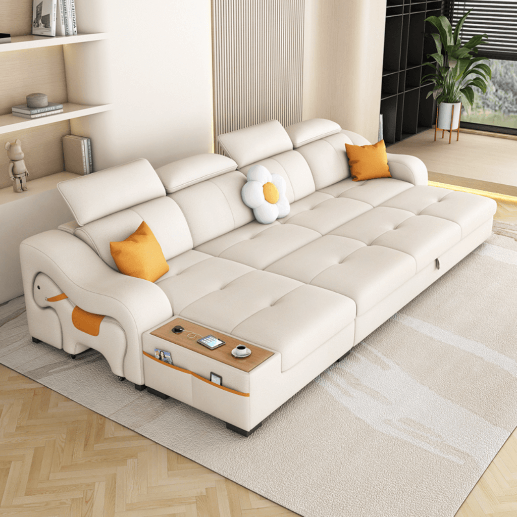 Space-saving sofa bed with a cute pony stool, perfect transformable furniture for small spaces