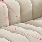 Beige upholstered wood sofa with square arms and sewn pillow back for modern living rooms