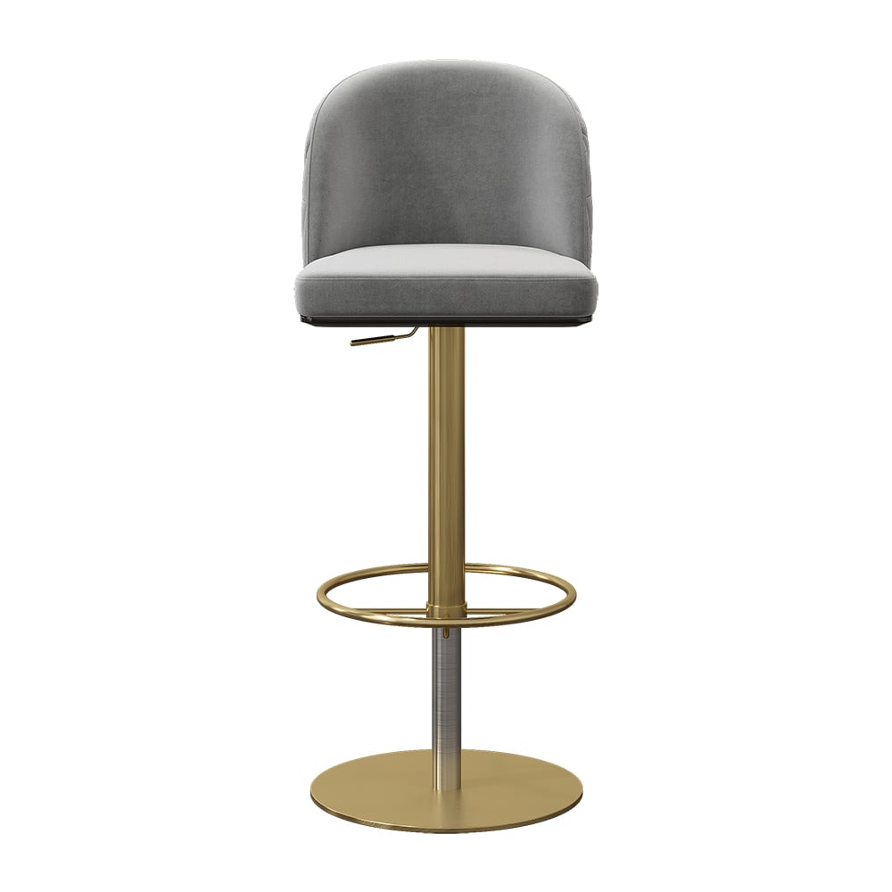 Gray velvet swivel bar stool with curved back and adjustable height, perfect for kitchen or bar seating