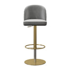 Gray velvet swivel bar stool with curved back and adjustable height, perfect for kitchen or bar seating