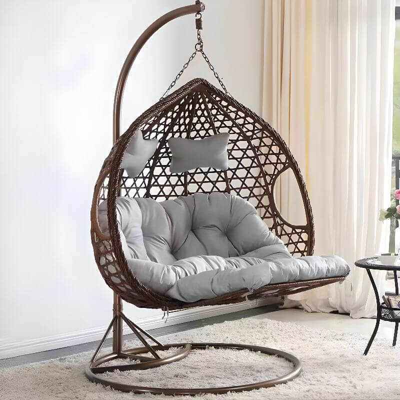 Oxidation resistant tropical magenta and grey basket alloy framed porch swing with stand and cushions