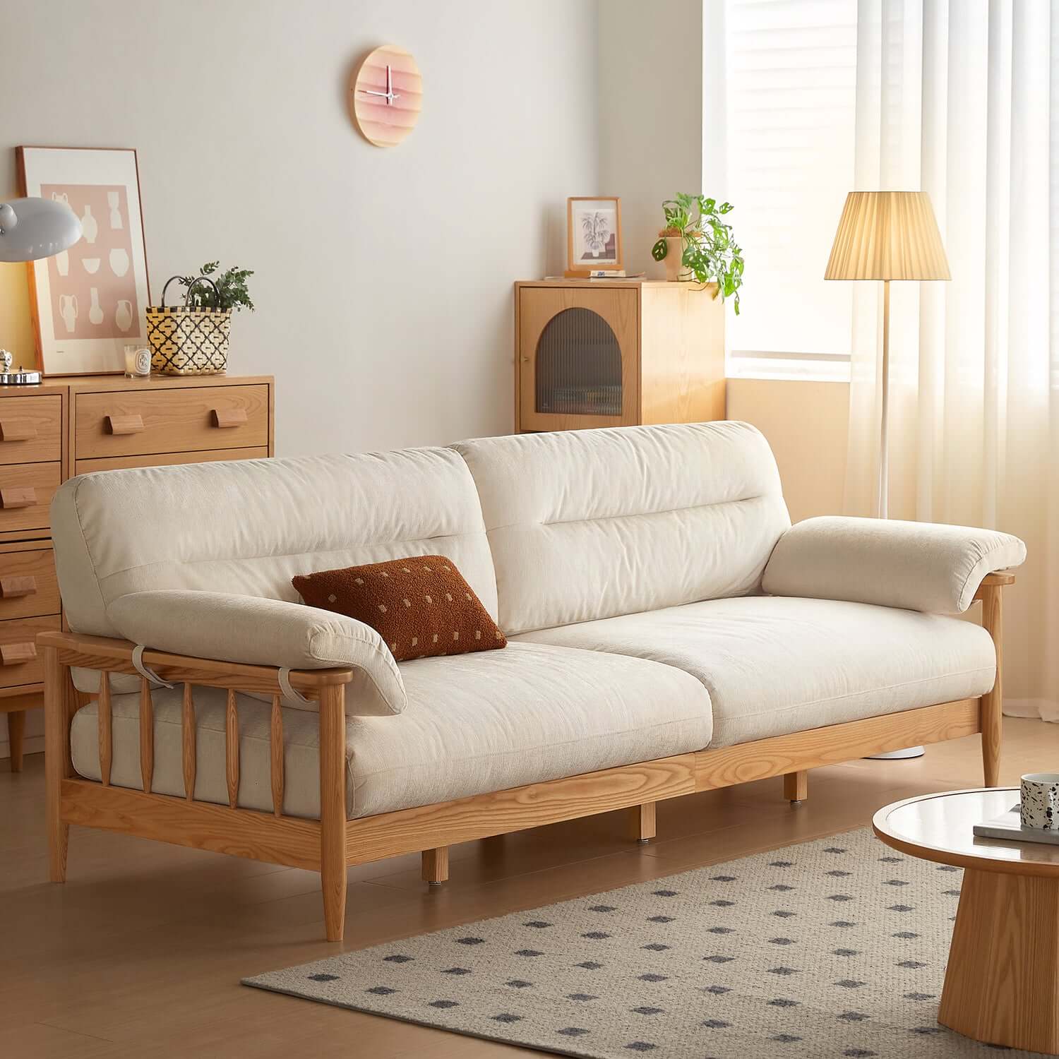 Japandi style solid ash wood sofa upholstered in cotton linen, corduroy, and cat-scratch fabric