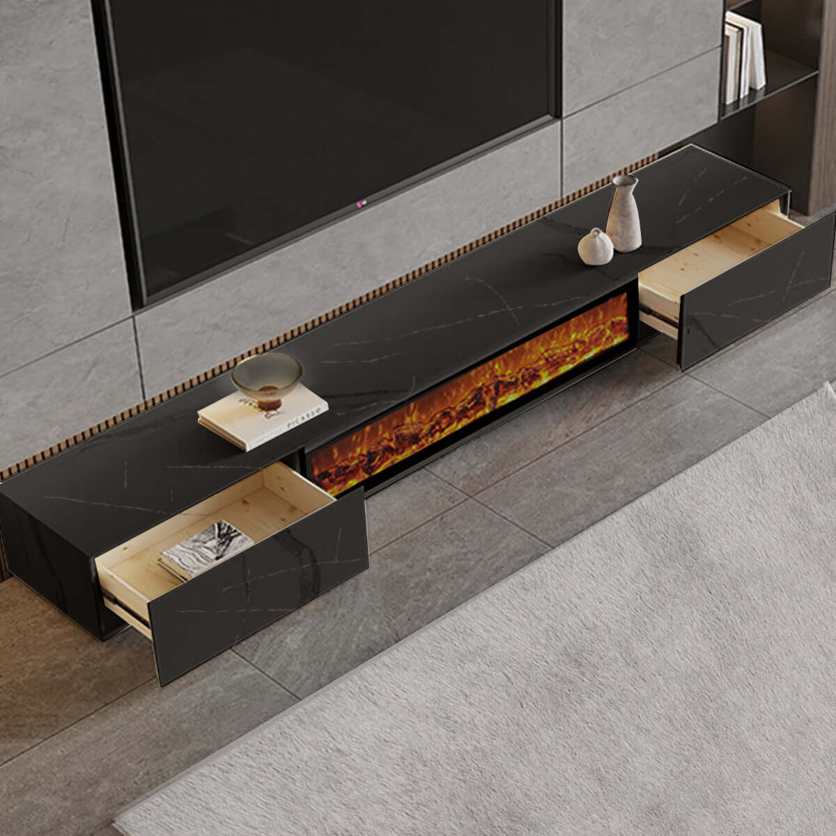 Electric fireplace TV stand with wood storage, available in 70.8 and 78.7 inch sizes