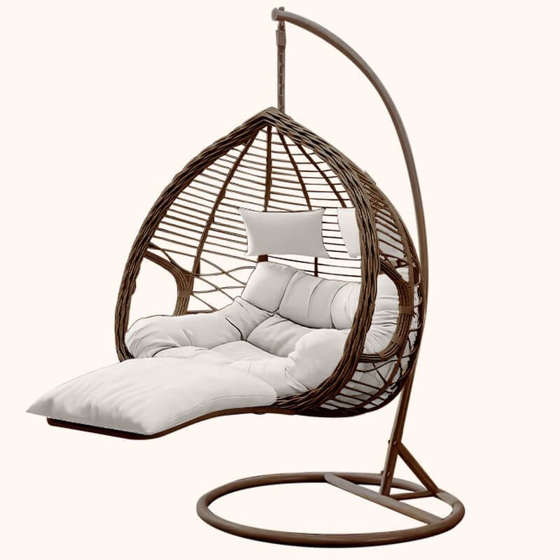 Metal upholstered porch swing egg chair with stand and chain, seating for two in cocoa and cream colors
