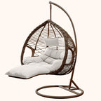Metal upholstered porch swing egg chair with stand and chain, seating for two in cocoa and cream colors