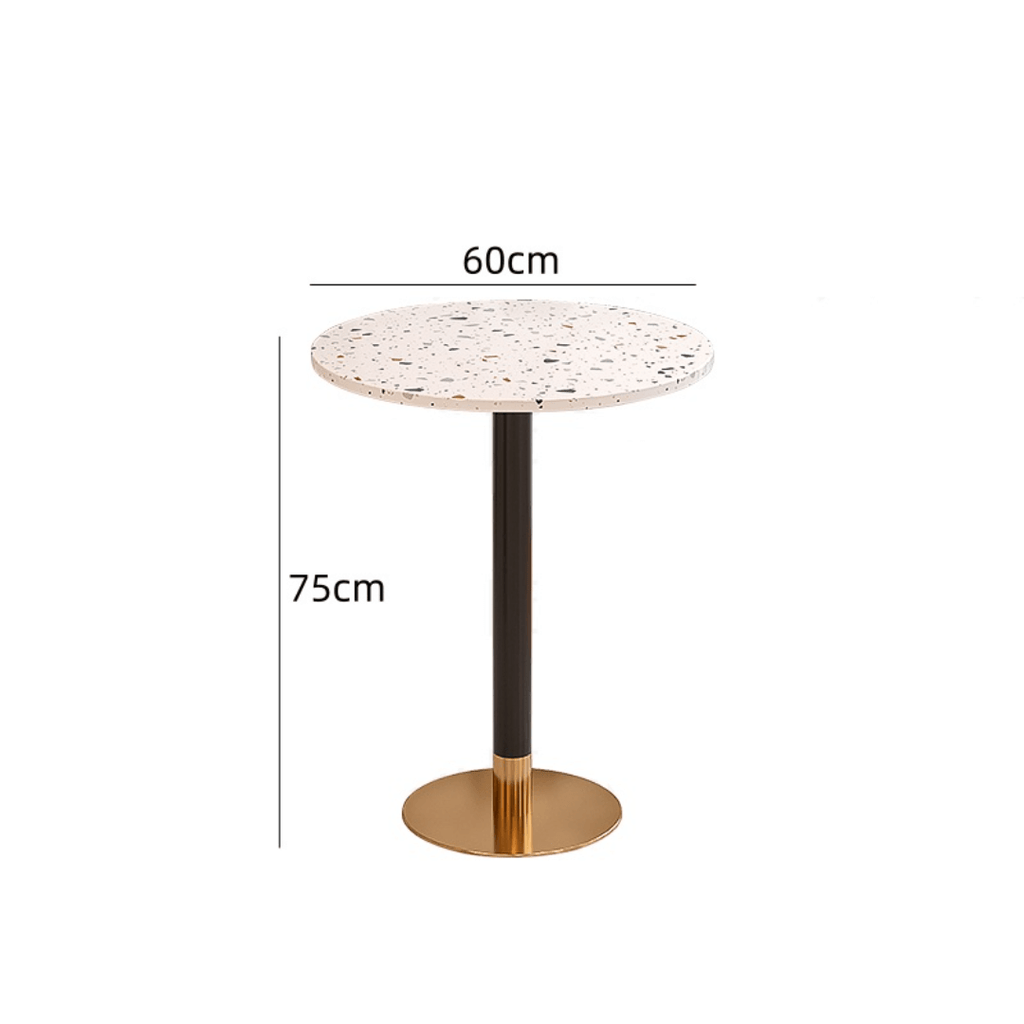 Rattan dining chairs with durable terrazzo table for an elegant dining setup