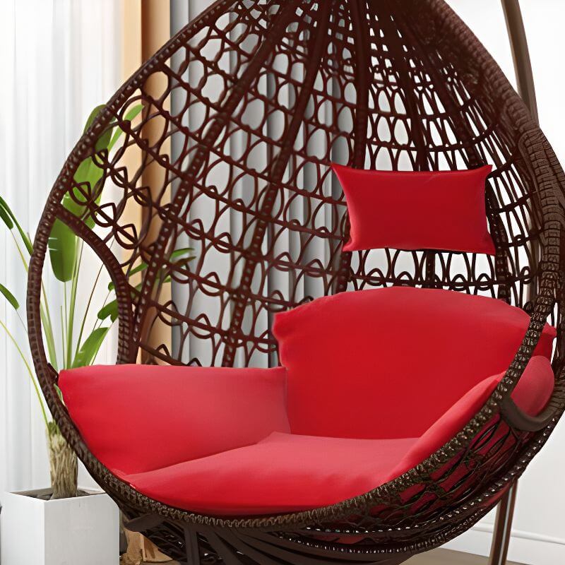 Magenta and sepia porch swing egg chair with alloy stand, chain, cushions, and 2-person seating