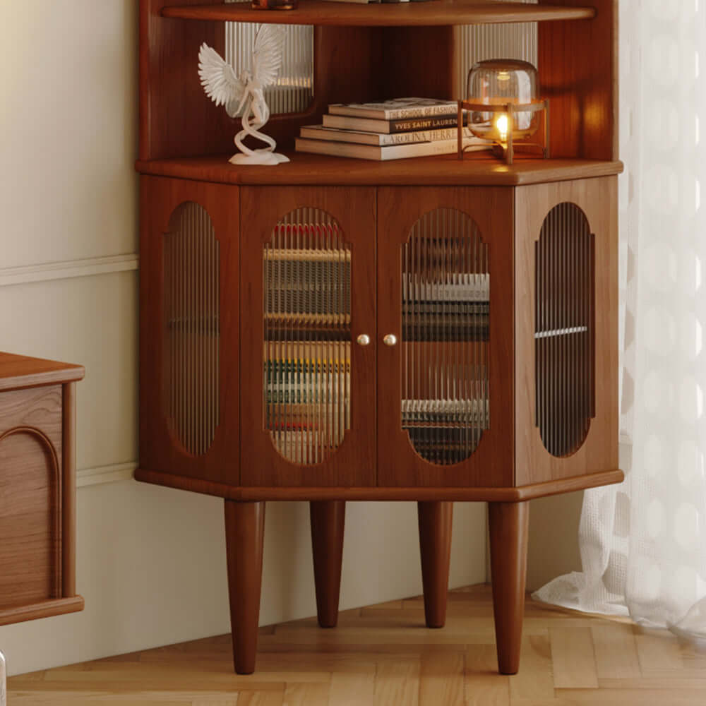 Retro solid wood corner shelf bookcase designed to save space in small living areas