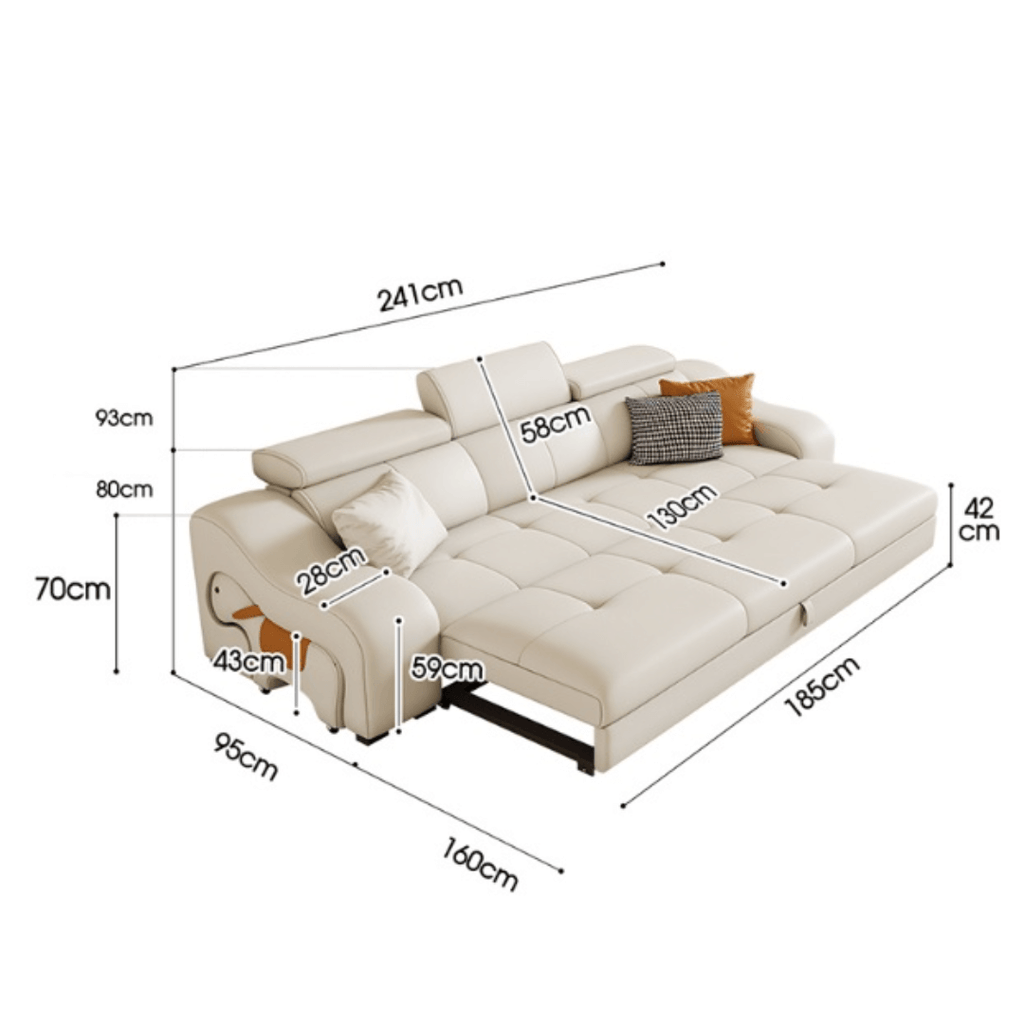 Space-saving sofa bed with a cute pony stool, perfect transformable furniture for small spaces
