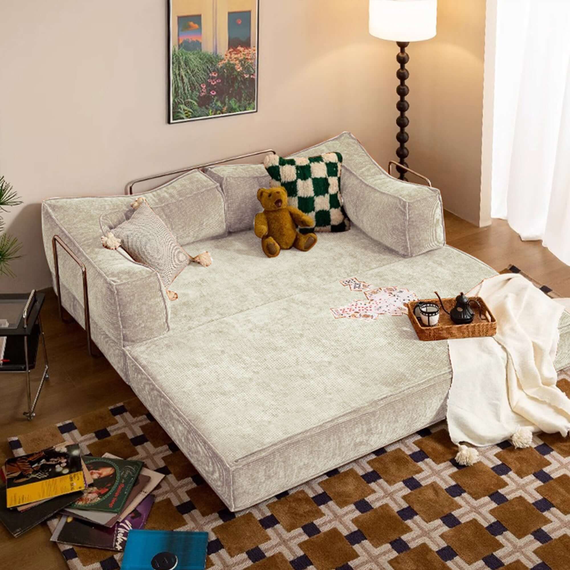 Compressed sofa bed with corduroy fabric and three stainless steel frames, DIY couch design