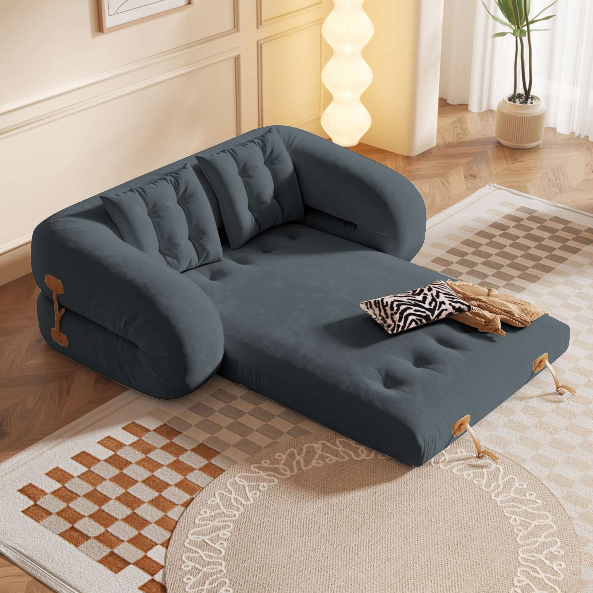 Velvet folding floor sleeper sofa bed with pet-friendly bean bag style design