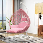 Magenta and sepia porch swing egg chair with alloy stand, chain, cushions, and 2-person seating