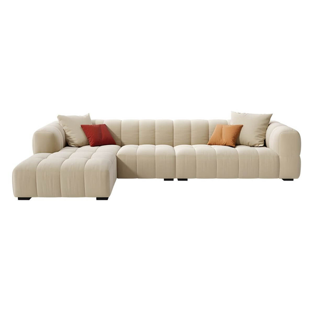 Beige upholstered wood sofa with square arms and sewn pillow back for modern living rooms