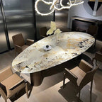 Oval marble top dining table seating 6-8 with multicolor finish