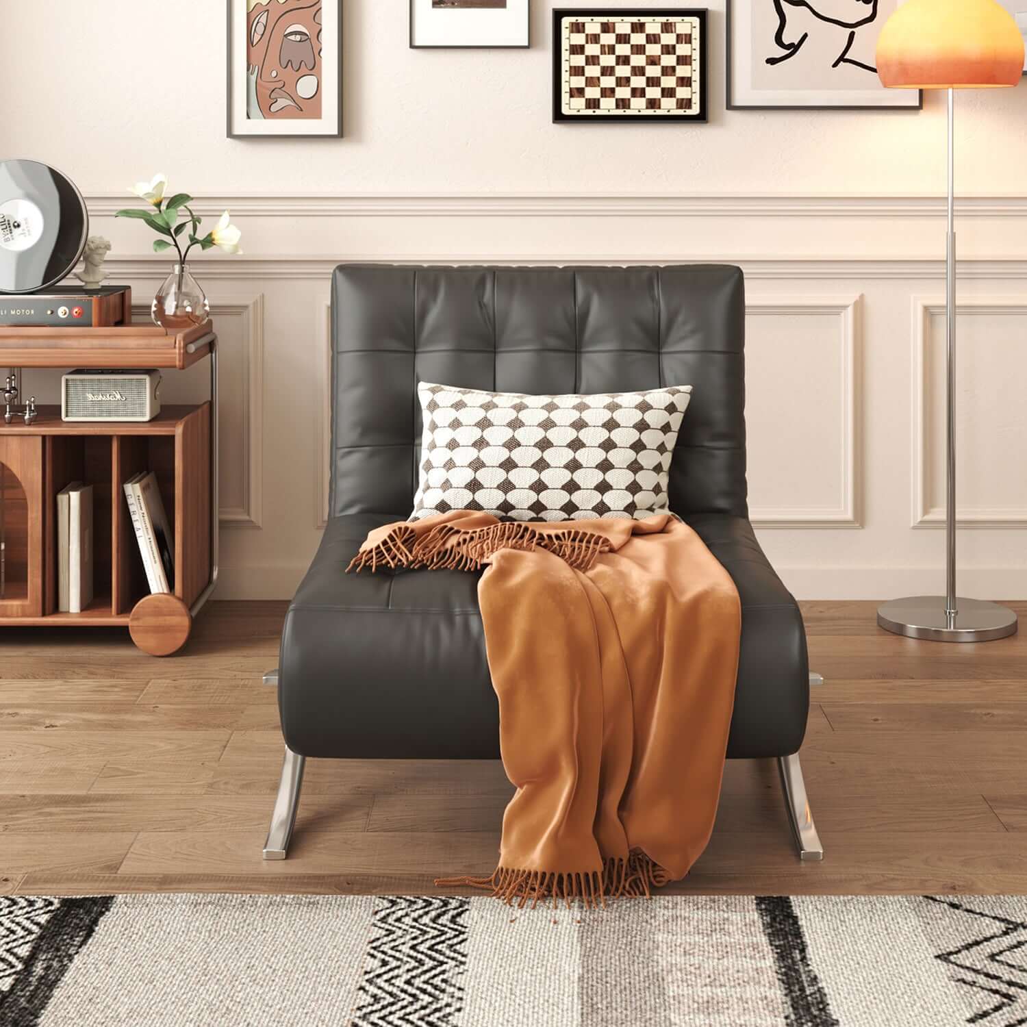 Retro leather Barcelona sofa chair with metal legs, featuring a lazy design for comfort