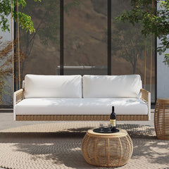 Ropipe Outdoor 2-Seater Swing Sofa in Khaki with Hand Woven Rope & White Cushion