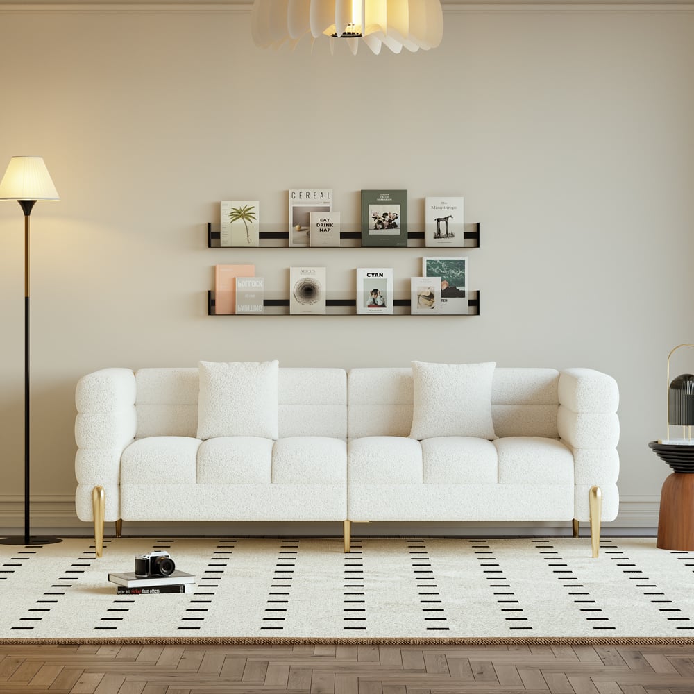 78.7" Modern White Boucle Upholstered Fluted 3 Seater Sofa for Living Room with pillow Secondary image