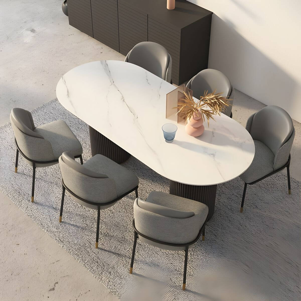 Oval dining table with imitation marble top, stylish simplicity design for home furniture