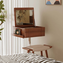 Vintage Style Solid Wood Movable Small Vanity Table with Flip-Top Mirror