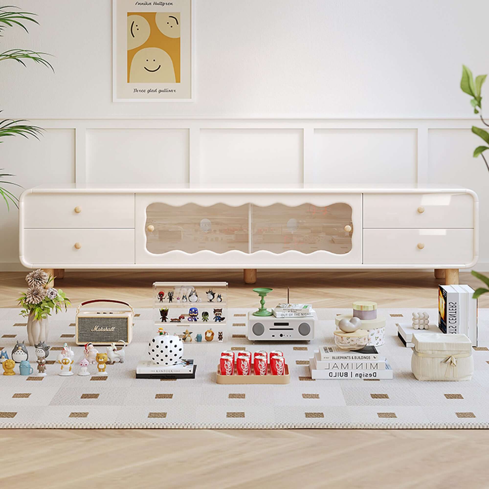 Cream wooden TV stand featuring sliding door and drawers for stylish storage