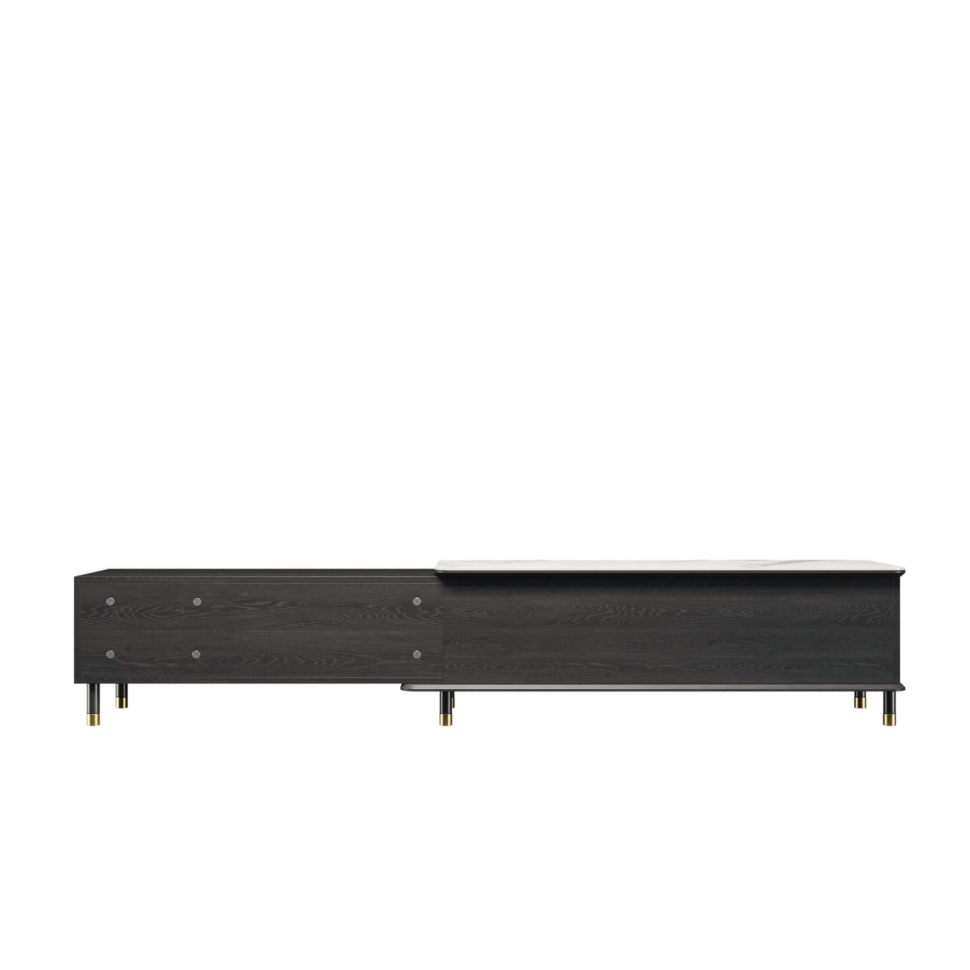 Black modern rectangle TV stand with three drawers for media storage and organization