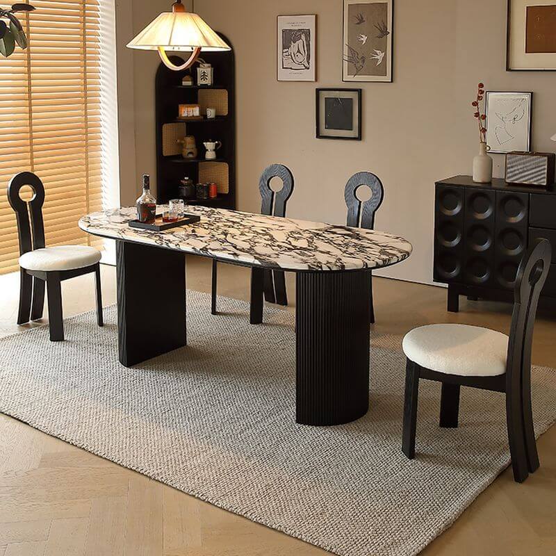 Oval multicolor genuine marble dining table set with 4 chairs for stylish dining rooms